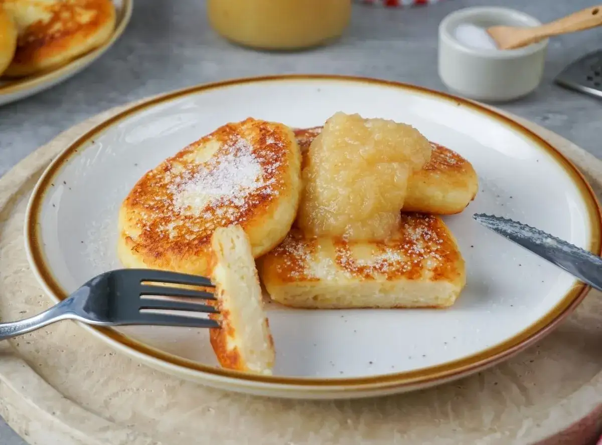 Leckere Quarkkeulchen ohne Kartoffeln, bestreut mit Puderzucker und serviert mit Apfelmus. Ein Gabelst&uuml;ck zeigt die fluffige Konsistenz.