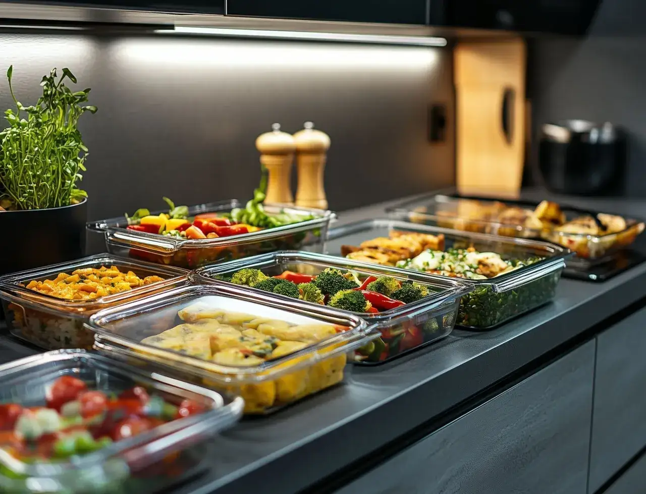 Vorbereitete Mahlzeiten in Glasbehältern: bunte Gemüse, Hähnchen und Aufläufe. Perfekt für Meal Prep!