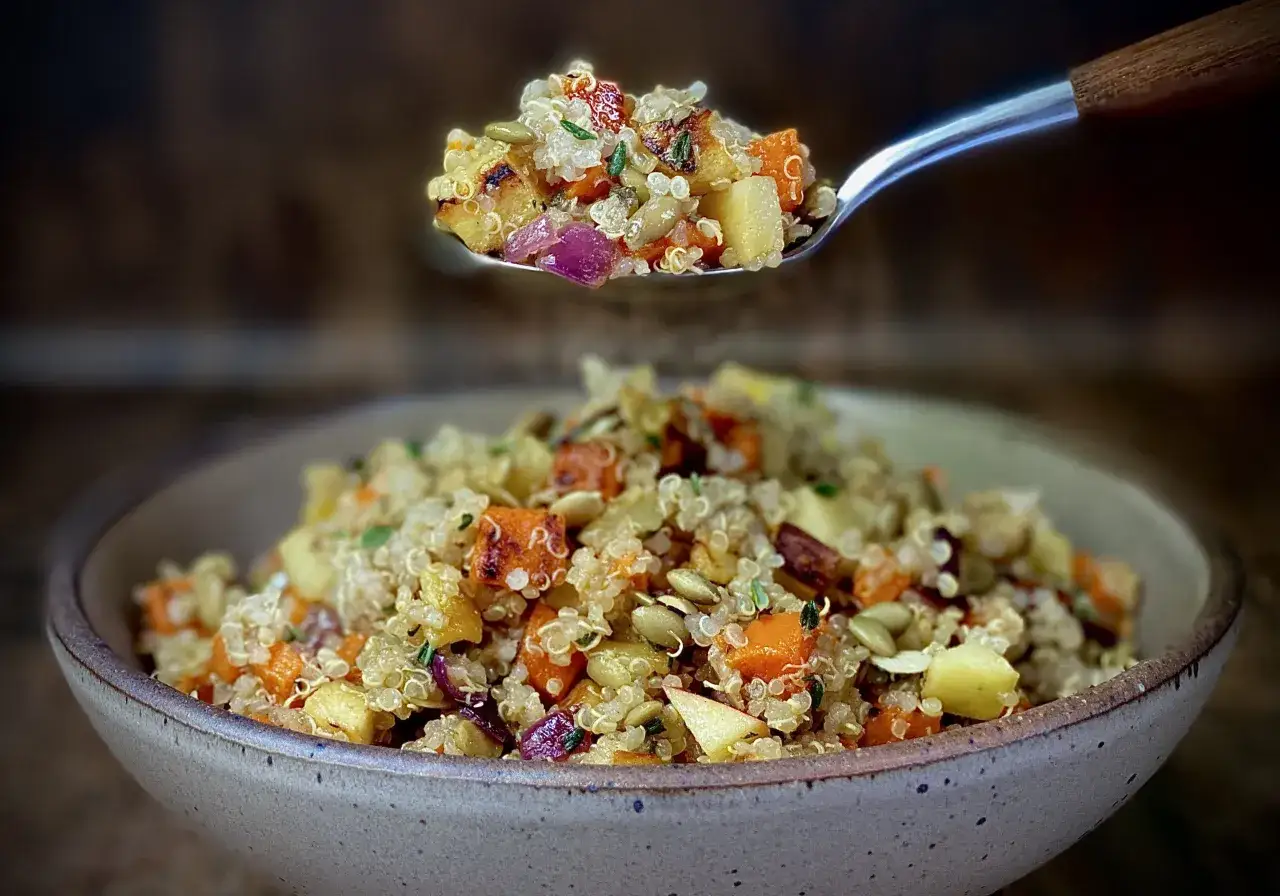 Bunte Quinoa-Bowl mit K&uuml;rbis, Apfel und roten Zwiebeln. Ein L&ouml;ffel voller k&ouml;stlicher Quinoa-Rezepte.