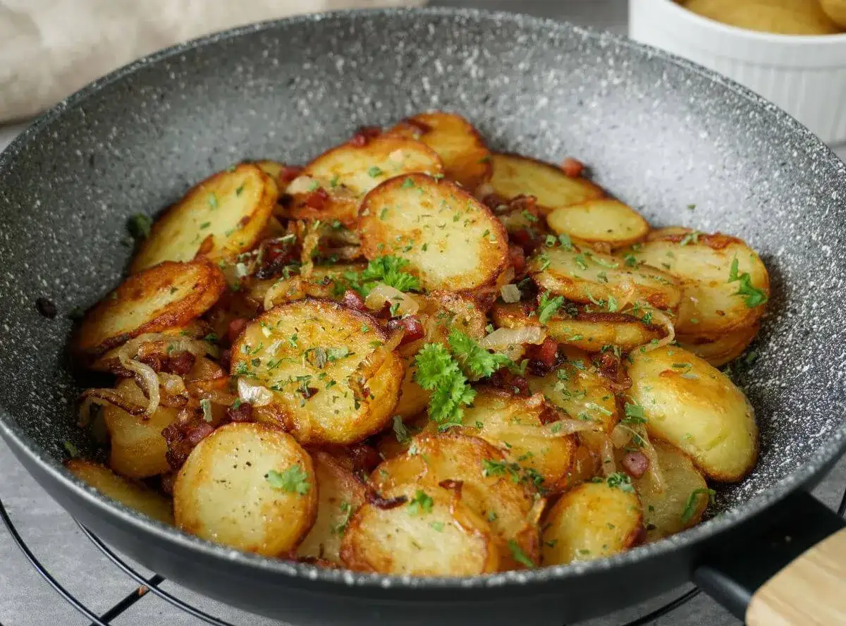 Bratkartoffeln in einer Pfanne, goldbraun gebraten mit Speck und Zwiebeln. Man muss Bratkartoffeln vorher kochen, damit sie perfekt werden. Garniert mit Petersilie.