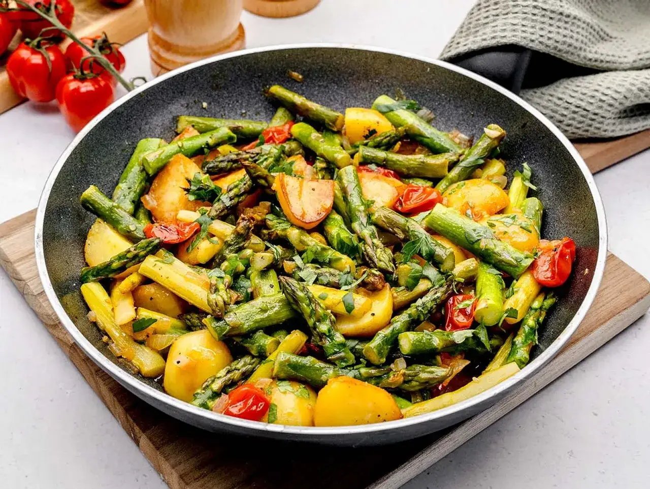 Gebratener Spargel mit Kartoffeln und Kirschtomaten in einer Pfanne, garniert mit Petersilie. Ein köstliches Frühlingsgericht.