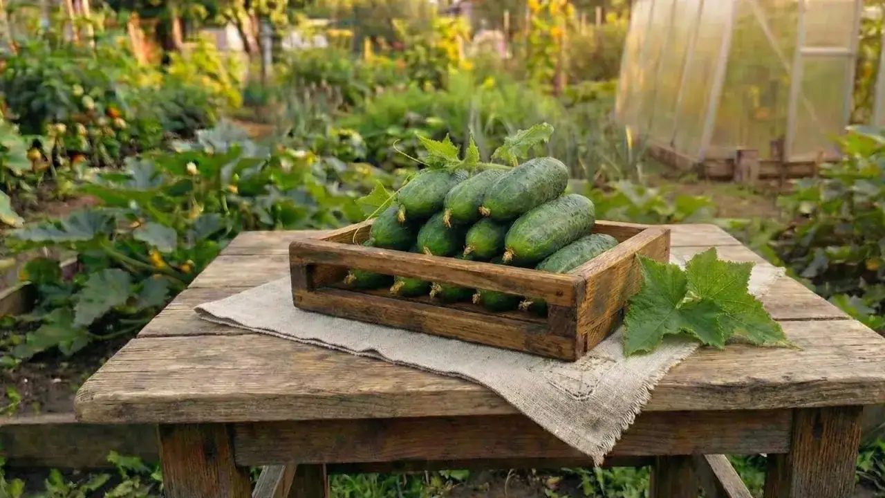 Frische Gurken in Holzkiste auf Tisch im Garten. So lagern Gurken lange frisch.