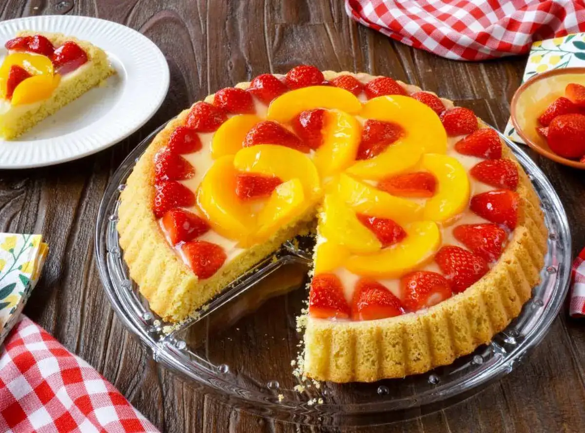 Ein köstlicher Obstboden mit Erdbeeren und Pfirsichen, perfekt für jedes obstboden rezept. Ein Stück fehlt bereits.