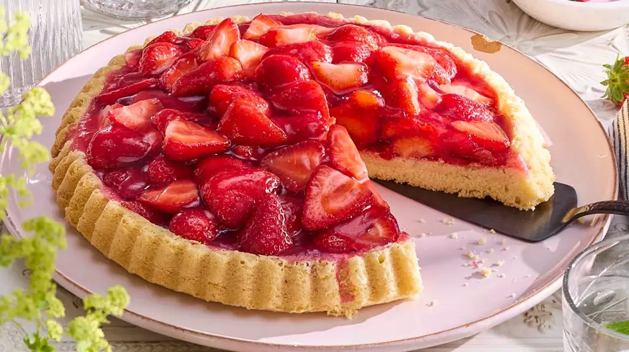 Ein saftiger Erdbeerkuchen mit einem knusprigen Boden, perfekt f&uuml;r ein Erdbeerboden Rezept. Frische Erdbeeren bedecken den s&uuml;&szlig;en Kuchen.