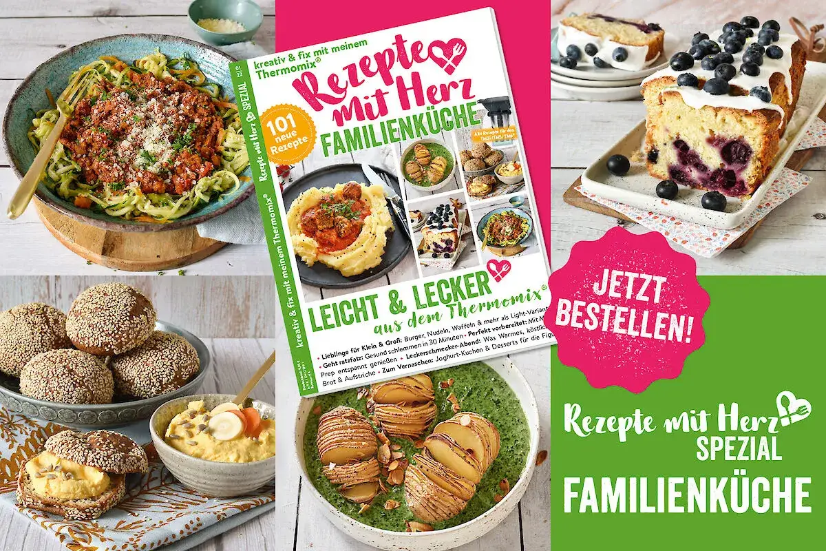 Collage mit leckeren Gerichten und einem Kochbuch mit dem Titel 