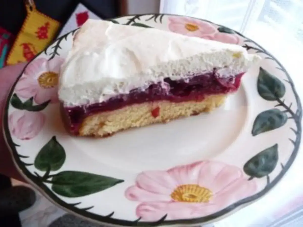 Ein St&uuml;ck Kirsch Sahne Kuchen auf einem Teller mit Blumenmuster. Der Kuchen hat eine helle Biskuitbasis, eine Kirschf&uuml;llung und eine dicke Sahneschicht.