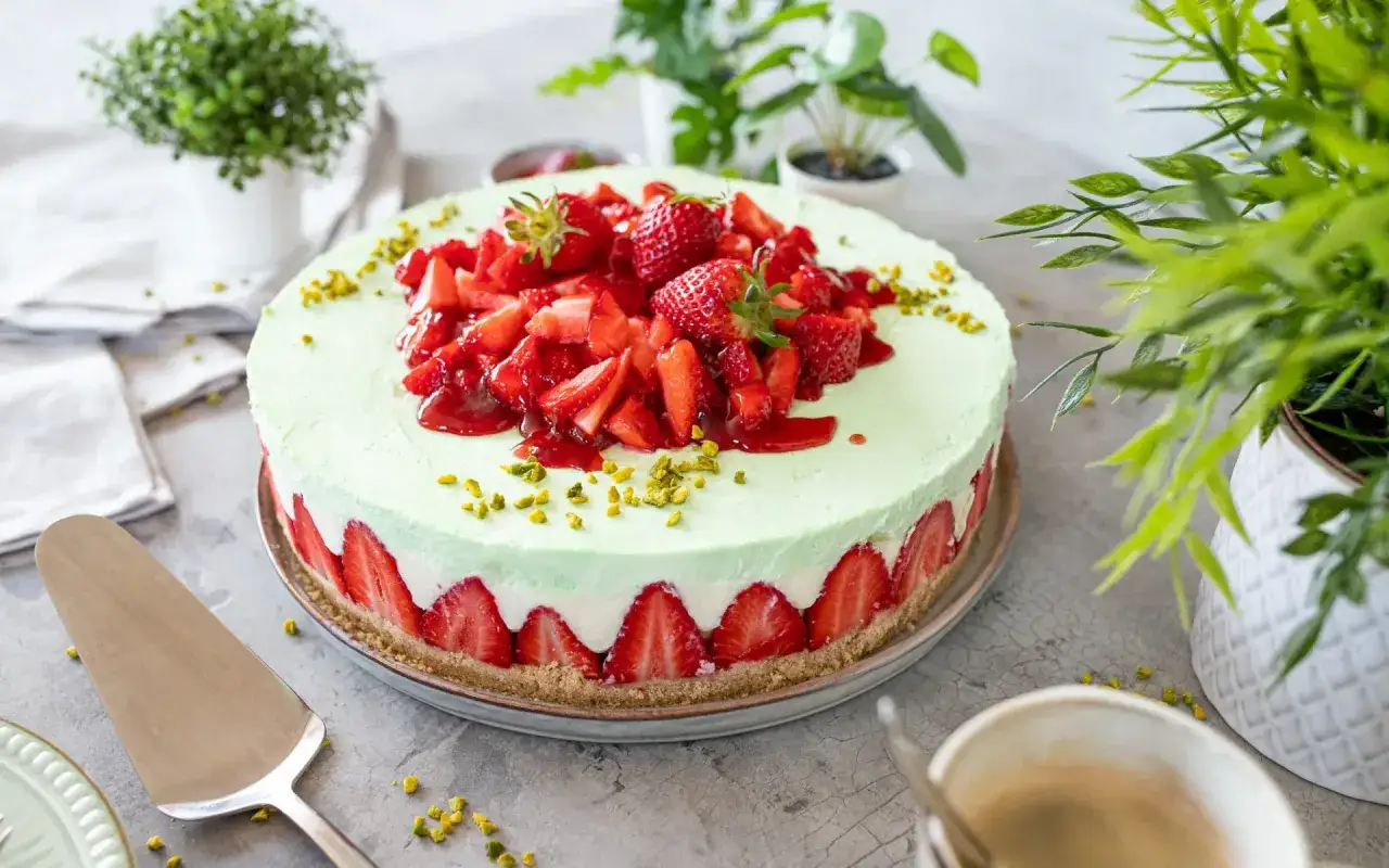 Erdbeer Joghurt Torte mit frischen Erdbeeren und Pistazien, ein Genuss f&uuml;r Augen und Gaumen.