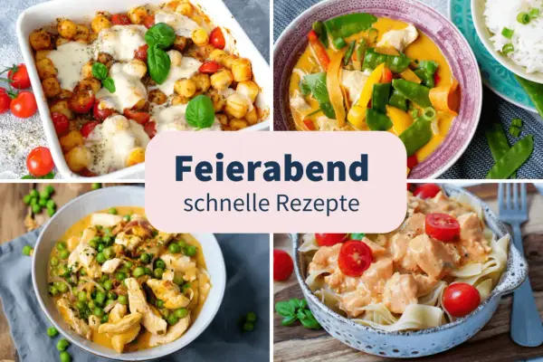 Vier leckere, schnelle Gerichte für den Feierabend: Gnocchi-Auflauf, Hähnchen-Curry, Hähnchen mit Erbsen und Pasta mit cremiger Sauce.