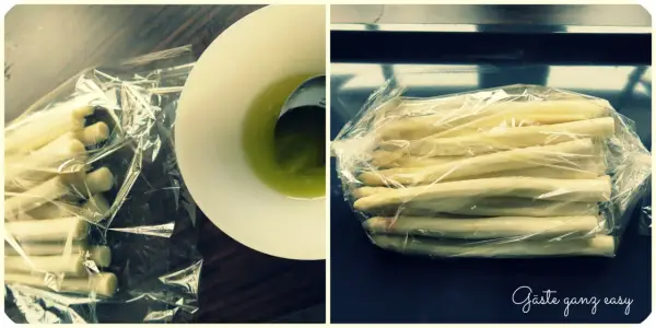 Frischer weißer Spargel im Bratschlauch, bereit für die Zubereitung.