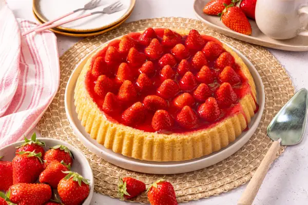 Ein köstlicher Obstboden mit frischen Erdbeeren und glänzender Gelee-Schicht. Perfekt für jedes Obstboden Rezept.