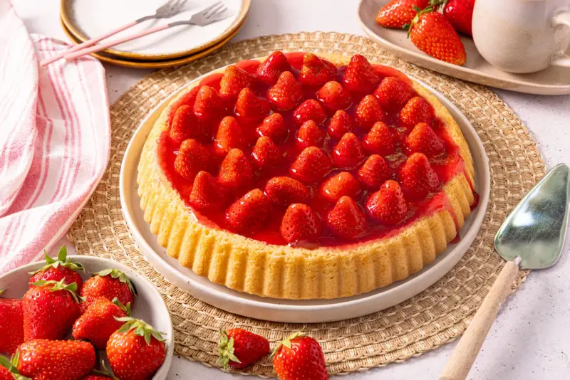 Ein köstlicher Obstboden mit frischen Erdbeeren und glänzender Gelee-Schicht. Perfekt für jedes Obstboden Rezept.